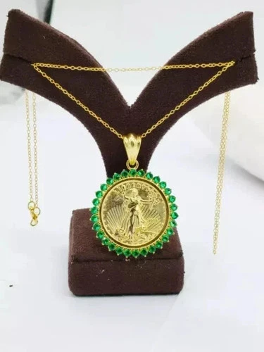 Liberty Coin Pendant 14K Yellow Gold Plated 2.00Ct Round Cut Lab Created Emerald