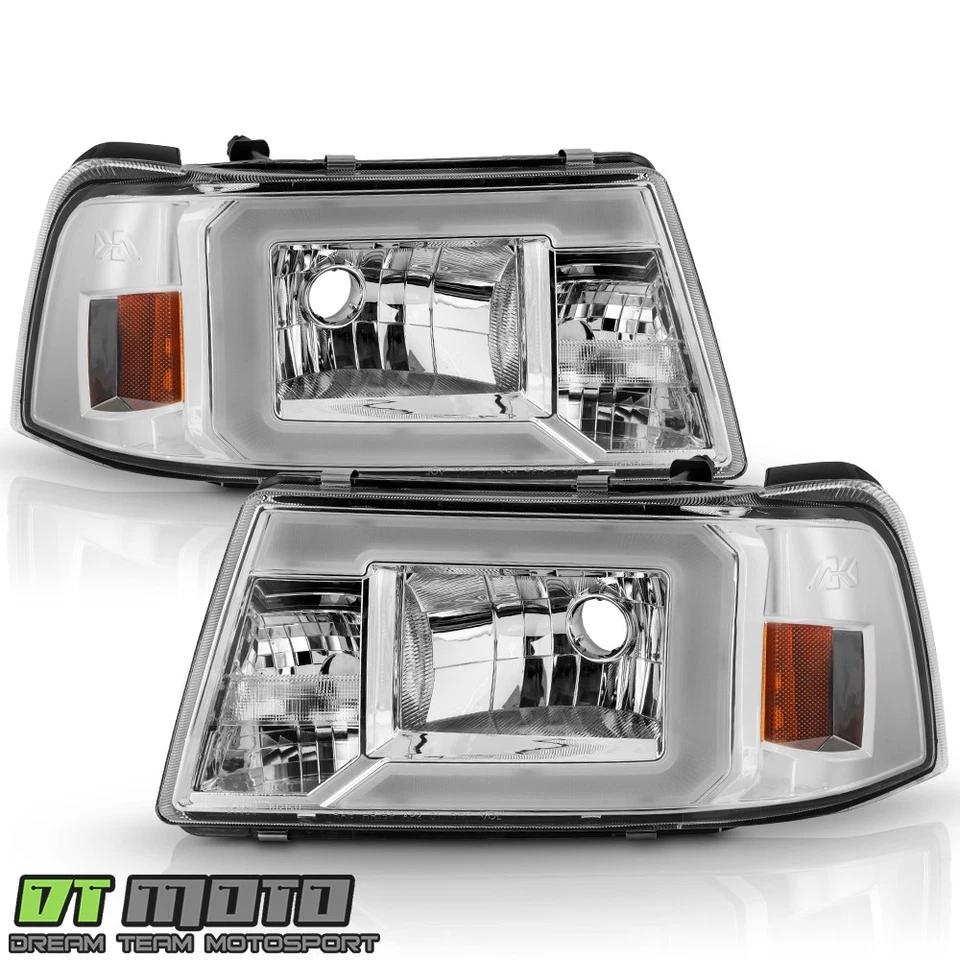 For 2001-2011 Ford Ranger Pickup LED Tube Chrome Headlights Headlamps Left+Right - Image 2 of 4