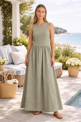 NWT Mango Women s Cotton Maxi Dress Sage Green Coastal Hamptons Seaside Size 2