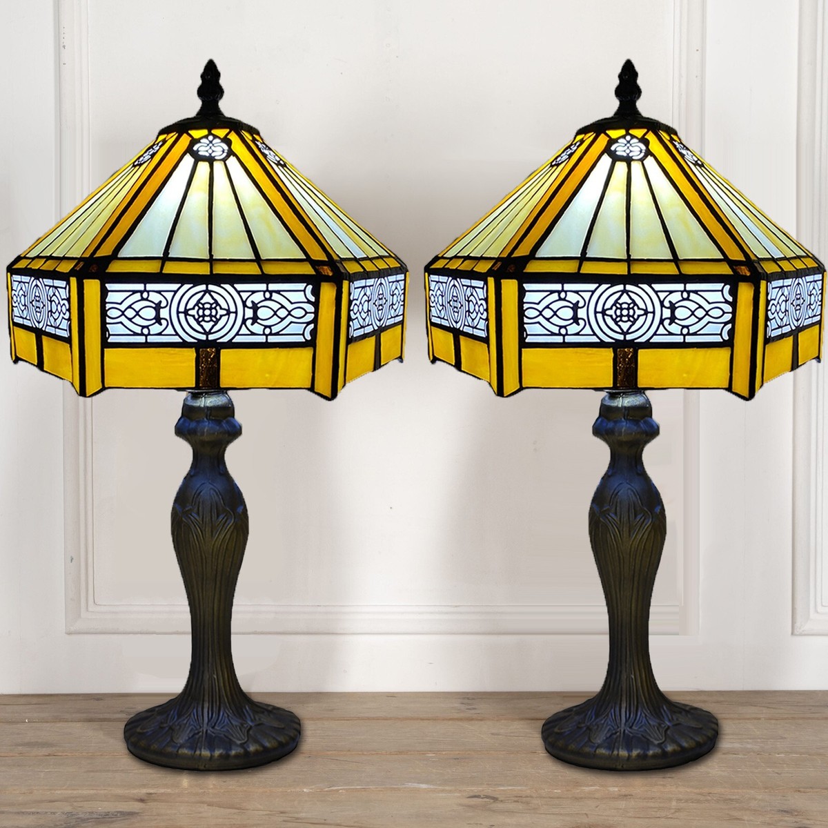 Pair of Tiffany Style Table Lamps 10inch Yellow Hexagon Shade Home