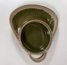 Chip And Dip Dish Plate Green Drip Glaze Soup Crackers Bowl Stoneware With Tongs