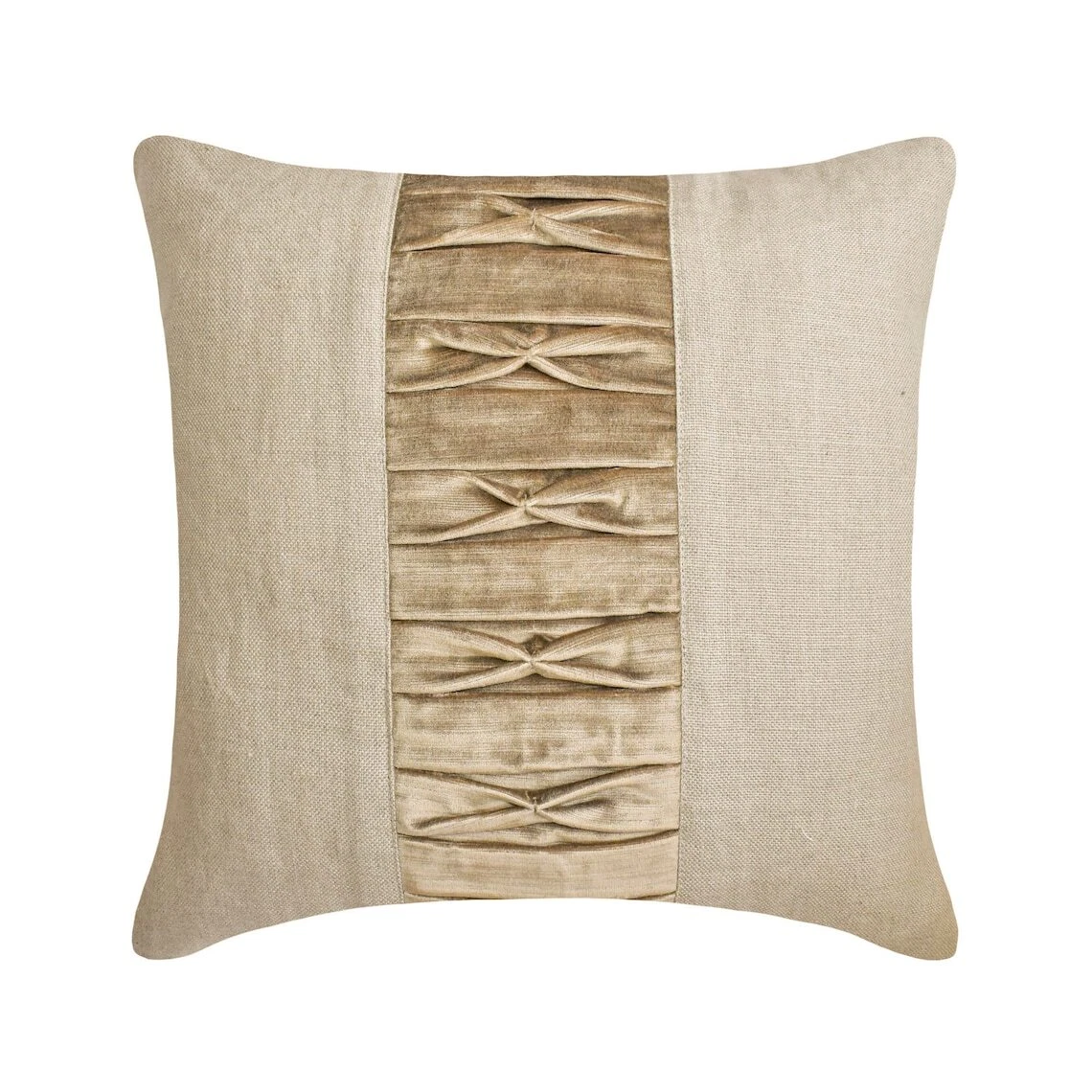 Beige Linen & Velvet Patchwork, Pintucks 16"x16" Throw Pillow Cover - Two By Two
