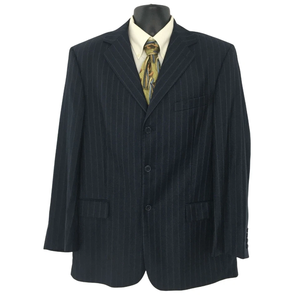 复古 Bachrach 意大利西装男式 42R 蓝色条纹打褶前裤 35Wx30 — 第 4/4 张图片