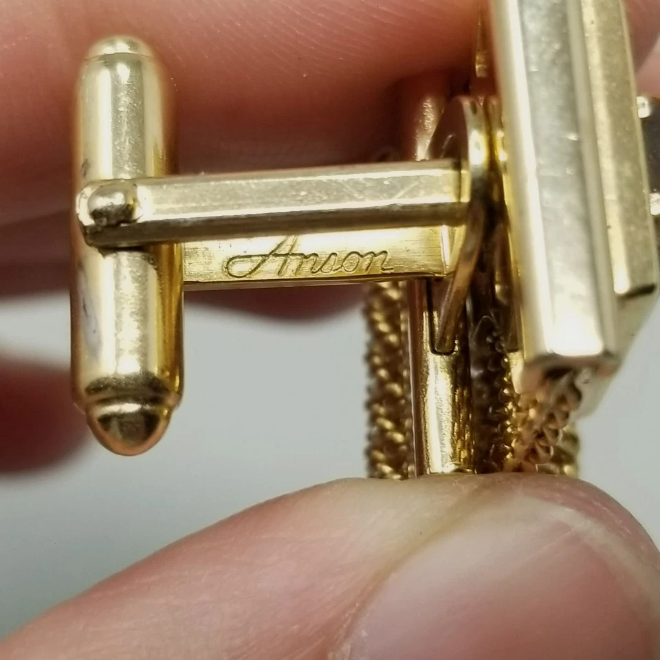 Gemelos Anson vintage de malla en tono marrón y dorado con espalda de bala Foto 3 de 4