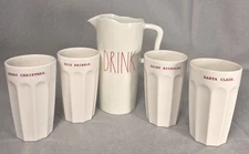 Rae Dunn Melamine Holiday Pitcher "Drink" and 4 Glasses    Read