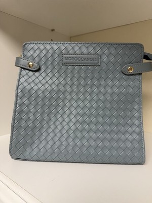 Moroccanoil Blue Woven Faux Leather Cosmetic Bag Makeup Pouch Gold Zipper Pull