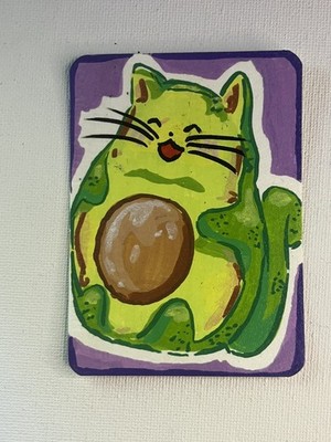 ACEO Original Painting Nosy Kitty Whiskers Silly Avocado Cat By ShortbusExpress
