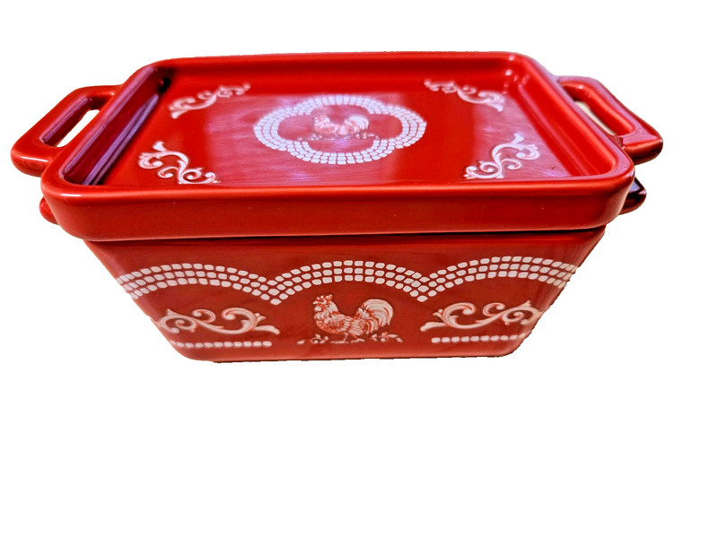 Temp-Tations Red Doodle Doo Ceramic Mini Loaf Bakers with Ceramic Lids