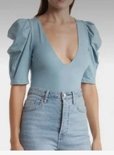 Free People Womens Top Bodysuit Sky Blue V-neck Puff Sleeves Size XS New!