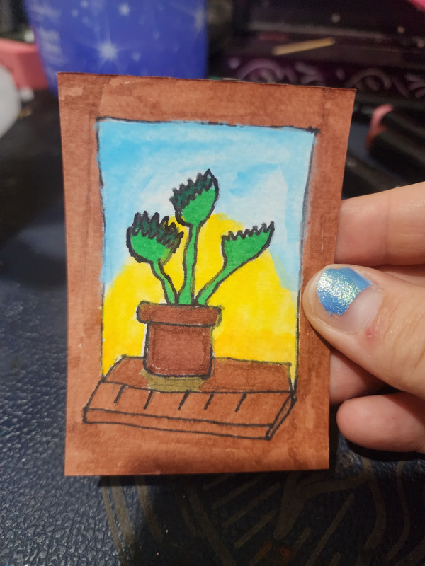 ACEO Art Card Original, Venus fly trap, botanical, sunrise, window, plants 