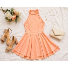 Lulus Peach Halter Skater Mini Dress Open Back Tiered Skirt Womens Small