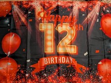 Happy 12 Birthday Backdrop Red Black Gold 6x4 Feet