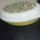 Vintage Pyrex Olive Split Divided Casserole Dish With Lid 1 Qt Yellow Green
