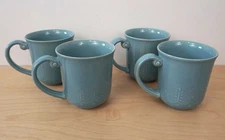 Paula Deen Whitaker Embossed Stoneware Aqua Blue 4 Coffiee Mugs Cups