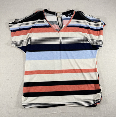 #ad NAIF Womens Medium Striped Top V Neck Cold Shoulder Ring Back Short Sleeve Shirt $14.99