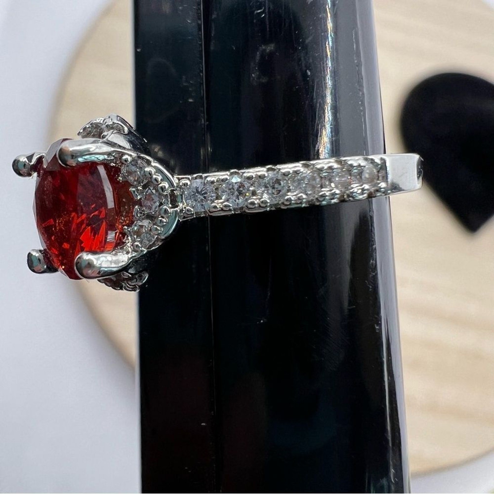 Ruby red jewel gem rhinestone studded silver ring… - image 6
