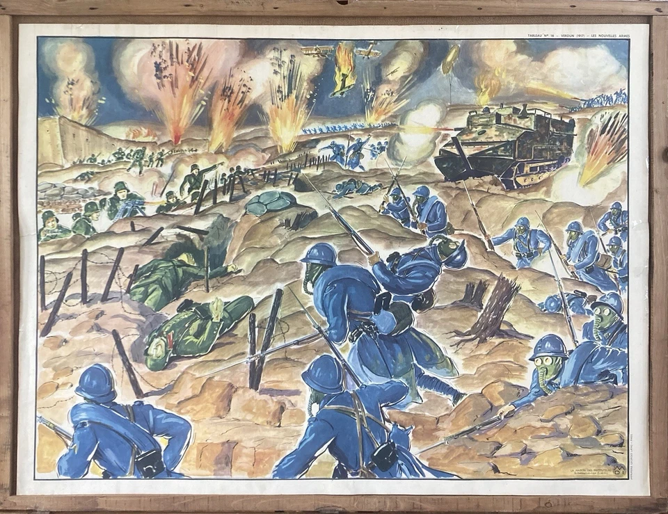 Grande affiche scolaire 1950 LES NOUVELLES ARMES + LES TRANCHÉES VERDUN 1917 - Photo 1/4