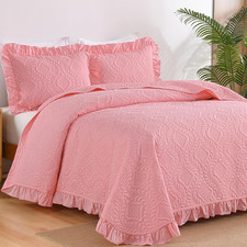Pink Queen Size Quilt Set Ruffled Quilt Bedding Set 1 Quilt 2 Shams