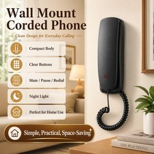 Corded Black Landline Phone Desk Wall Mountable Telephone Home Office Wired