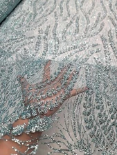 Mint Glitter Lace Rhinestones Geometric Pattern Fashion Fabric Sold By The Yard 