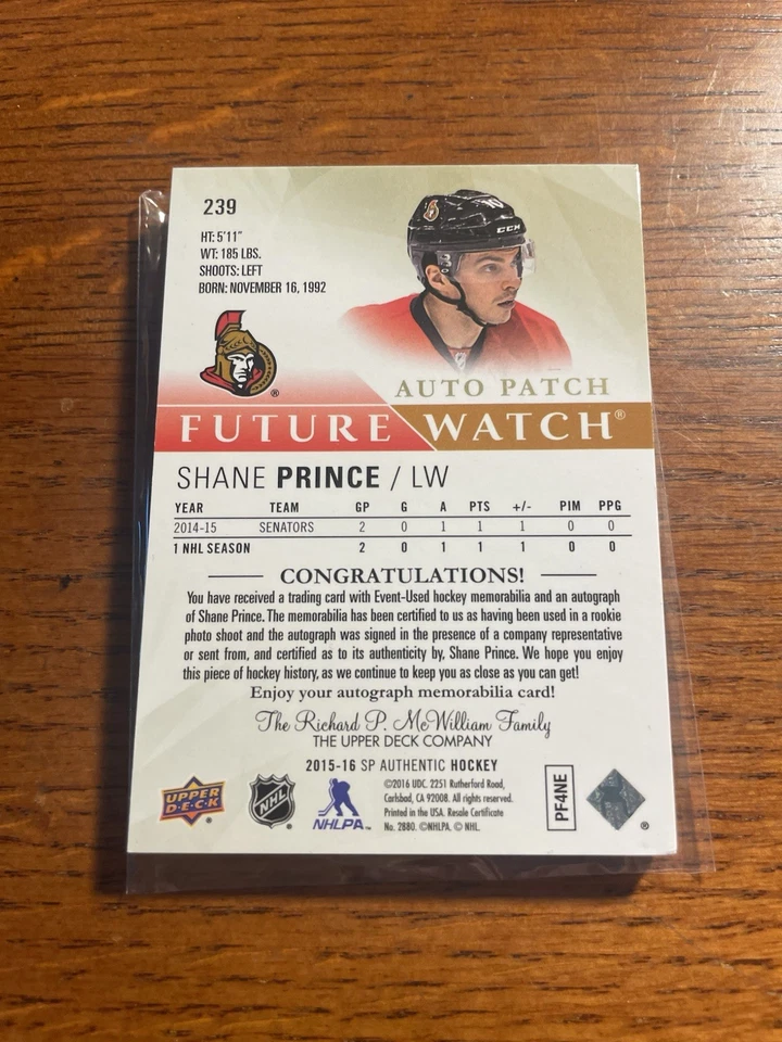 2015-16 SP Authentic - Future Watch Auto Patch Shane Prince #239 /100 Senators - Image 2 of 2