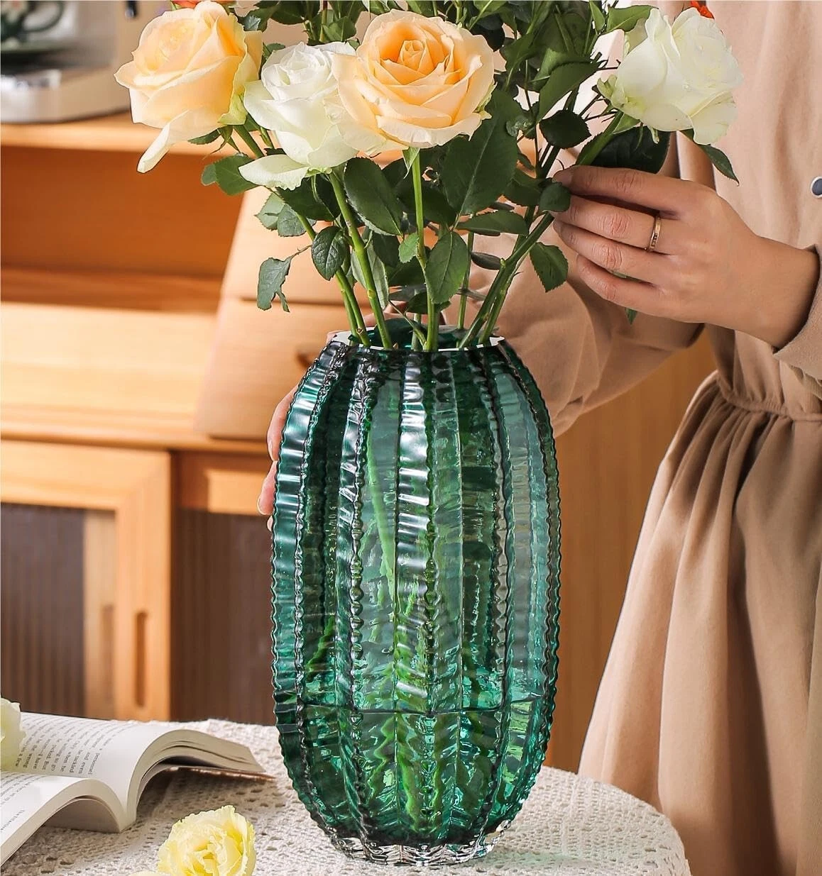 11" Tall Glass Flower Vase for Decor or Floor Vase for Pampas Grass Large Green