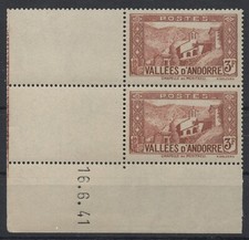 U590 French Andorra 1941 Chapelle de Meritxell 3F (Mi.82) full marginal pair MNH