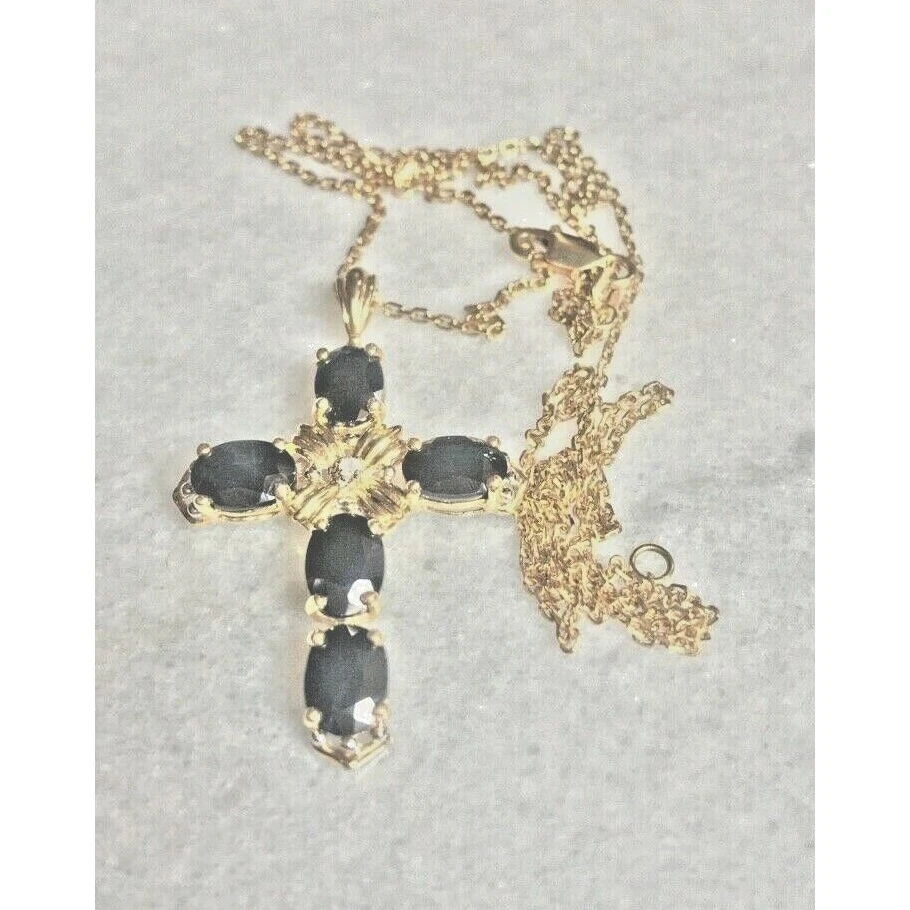 14KT YELLOW GOLD 4 CT SAPPHIRE & DIAMOND CROSS NECKLACE SKY - Image 4 of 4