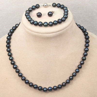 7-8mm Genuine Natural Freshwater Black Pearl Necklace Bracelet Earrings Set 18''