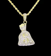 Mini Money Bag CZ Pendant Icy 14k Gold Plated 24" Rope Necklace Hip Hop