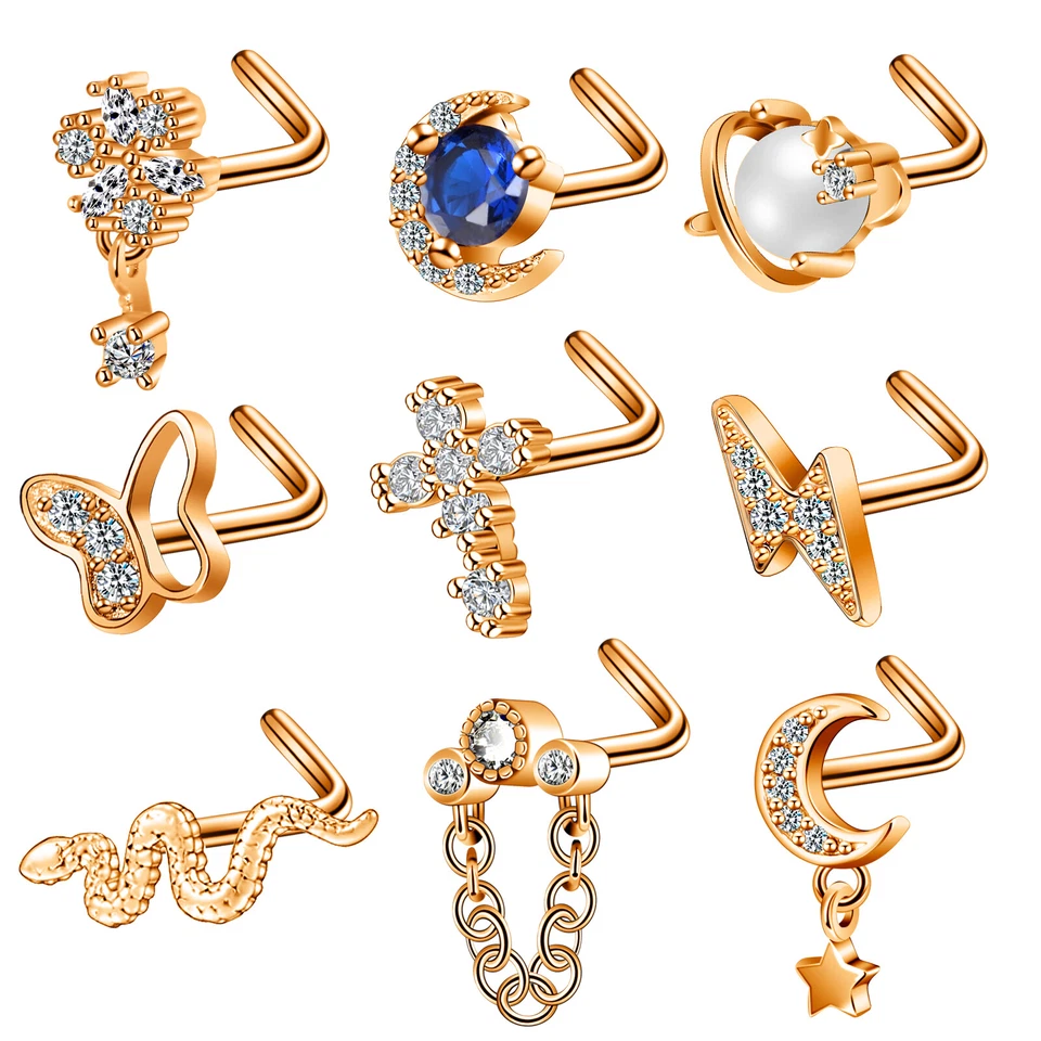 8-9PCS L Bend Nose Stud Surgical Steel L CZ Gems Septum Nose Rings Piercing 20g - Image 4 of 4