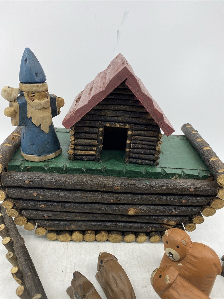 VINTAGE LOG CABIN NOAH'S ARK WITH NOAH AND CARVED WOOD ANIMALS | eBay