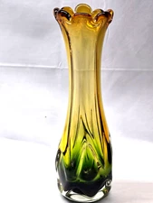 NARUMI SANYU Japanese Fantasy Art Glass Vase 11.5" Yellow / Green Cut To Clear