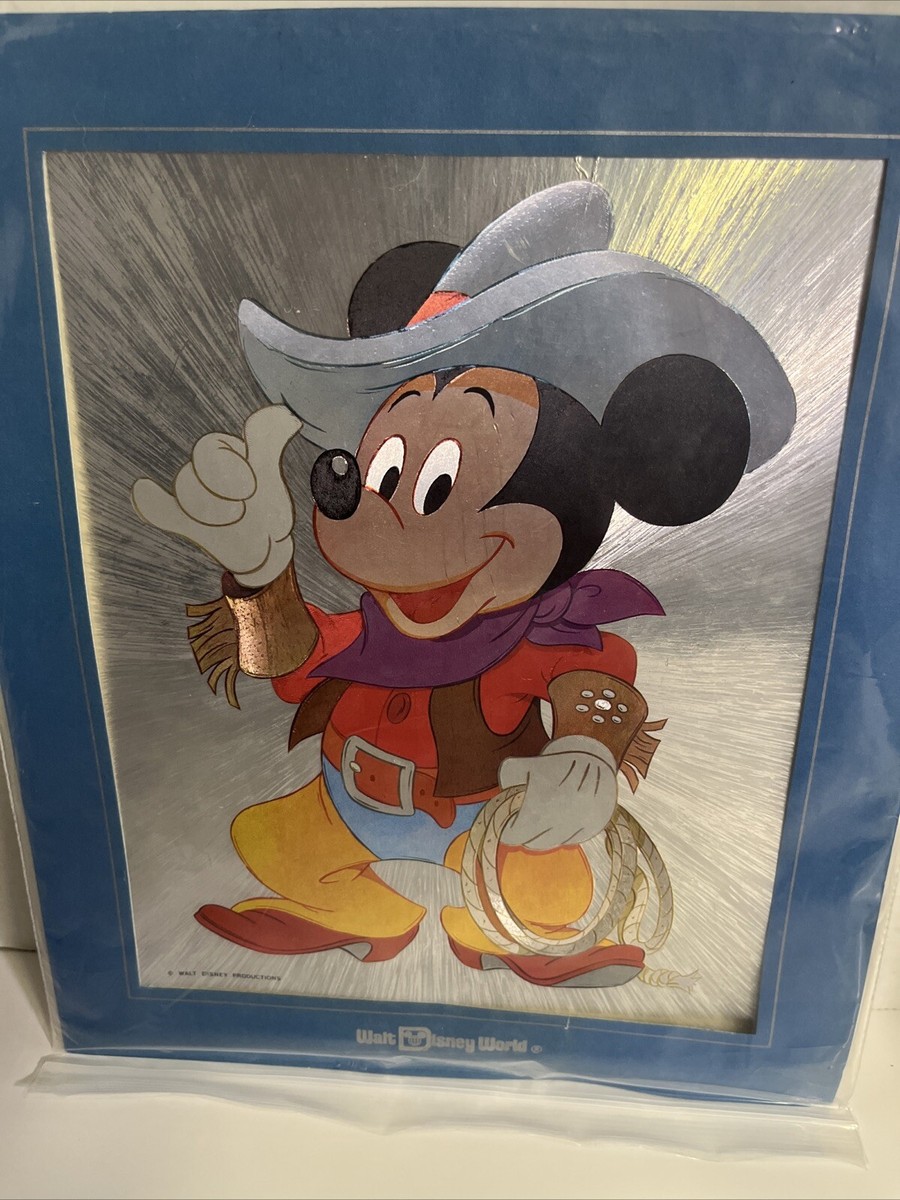Vintage 1980s Walt Disney Cowboy Mickey Mouse Foil Art Print