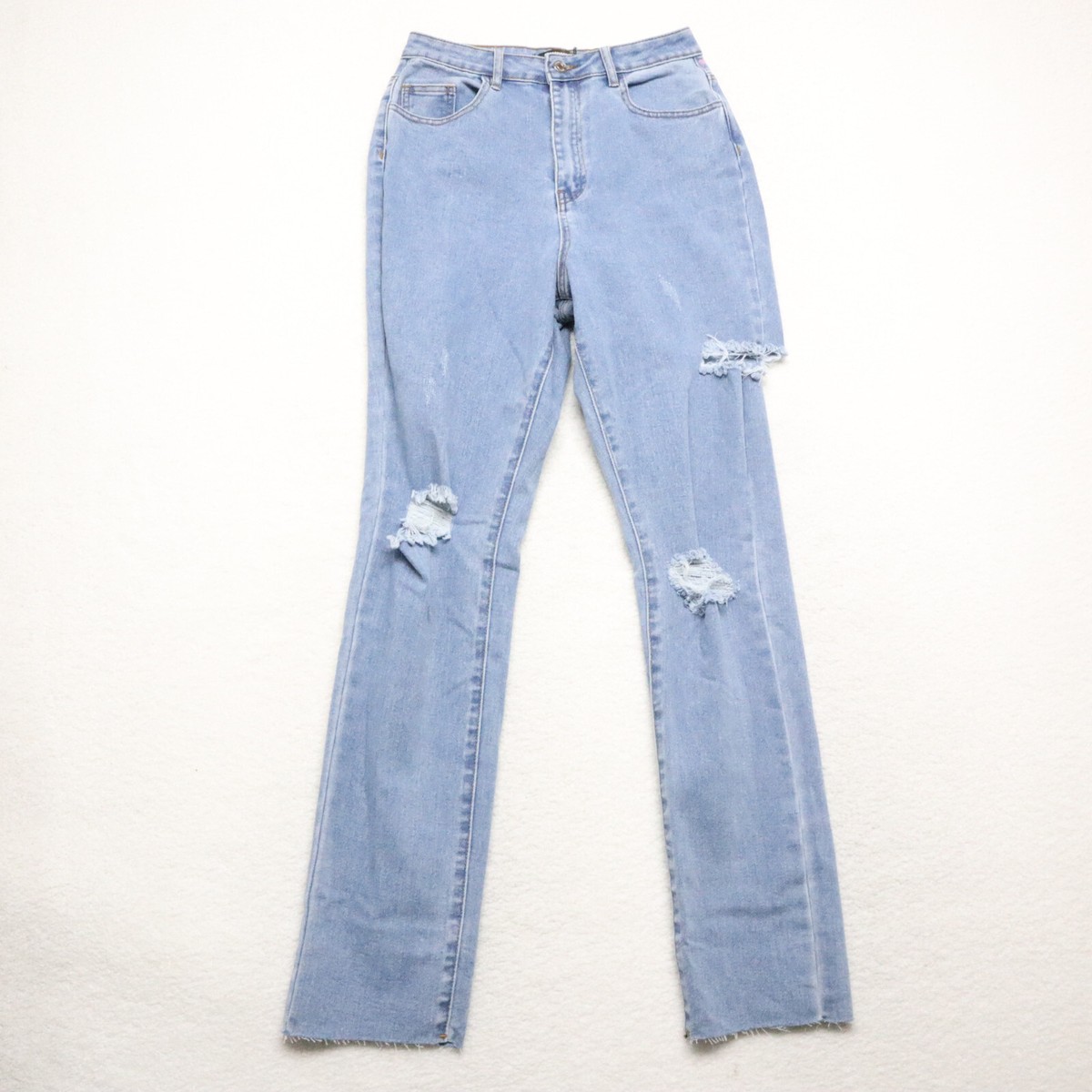 Missguided Women's Size Blue Slim Straight Distressed Medium Wash Stretch  Jean