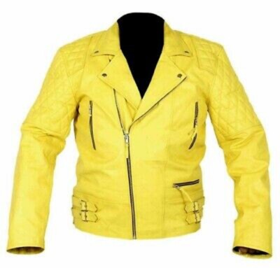 Men's Yellow Leather Jacket Real Lambskin Quilted Motorcycle