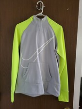 Nike Dri-Fit Hoodie Womens M Gray/Neon Yellow Pullover Sweatshirt W/ Thumb Holes