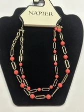 NAPIER Gold Tone Fashion Costume NECKLACE w Link Chain - Orange Beads - NEW