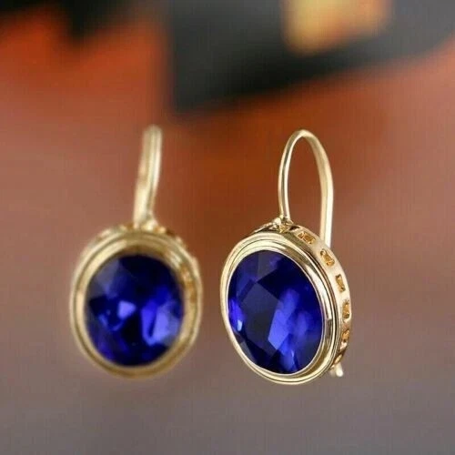 Pendientes colgantes/gotas de zafiro azul simulado de corte ovalado enchapados en oro amarillo de 14 k Foto 3 de 4