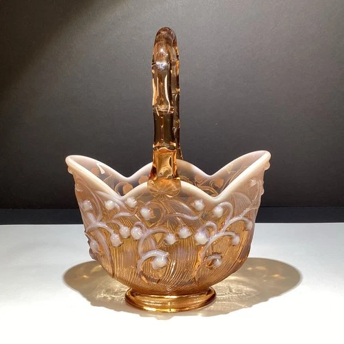 Fenton Cameo Opalescent Lily of the Valley Oval Basket Amber Glass Caramel Vtg