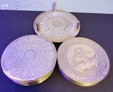 Crown Royal Reserve 9 Coaster Set: Silver Plated & Leather w/ Decorative Holder