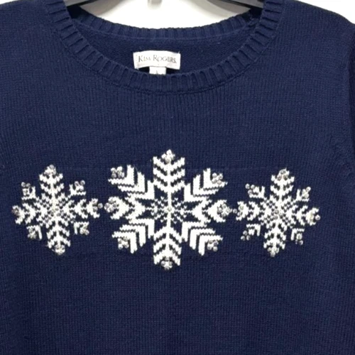 Suéter Pullover Azul Marino Grande por Kim Rogers Copos de Nieve y Lentejuelas Navidad Foto 2 de 3
