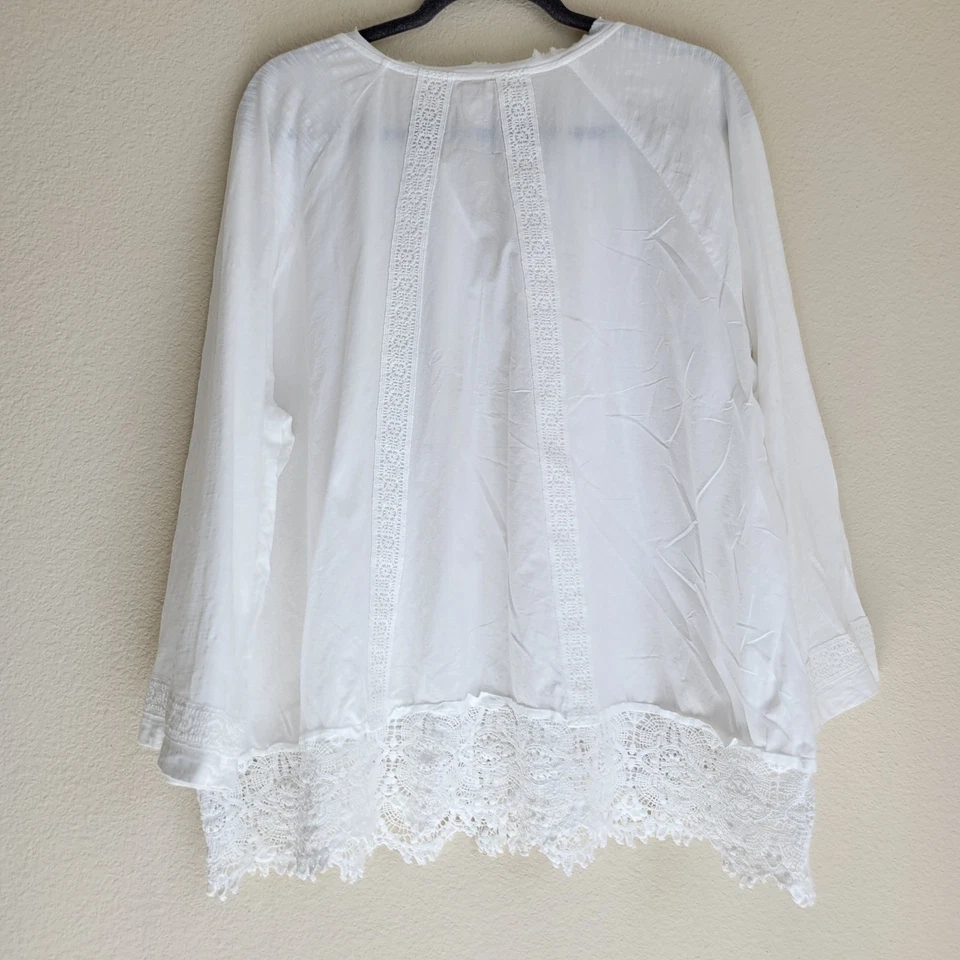 LOGO Lavish by Lori Goldstein Woven Button Front Top Women's 2X Ivory Lace Trim - Image 2 of 4