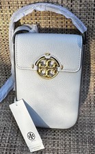 TORY BURCH MILLER PHONE CROSSBODY BAG LEATHER FEATHER GREY NWT
