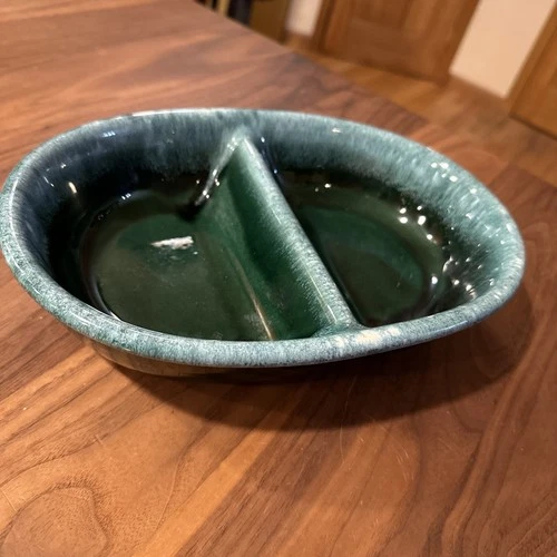 Vtg Hull Pottery Oven Proof Green Agate Drip Oval Divided Casserole Dish USA