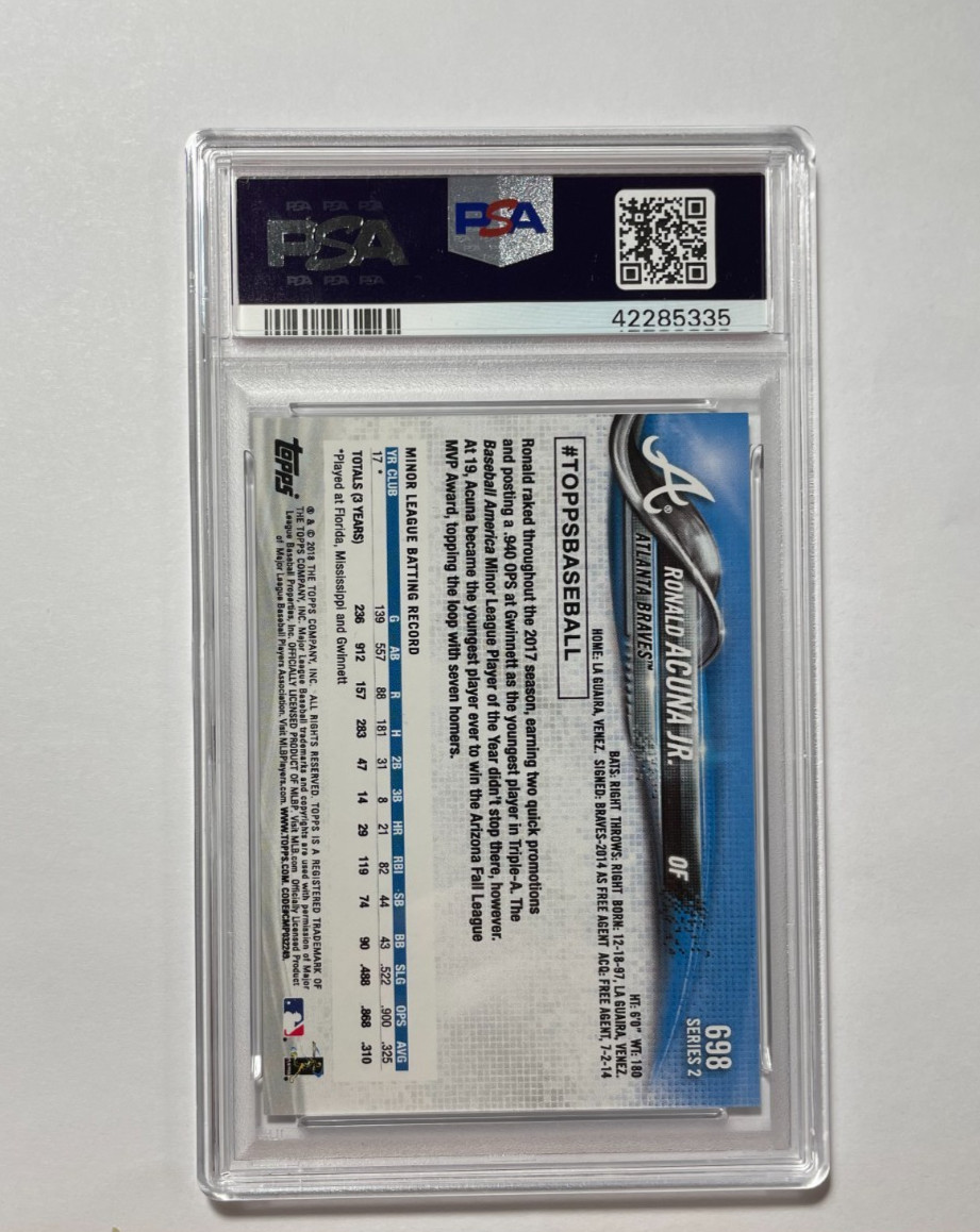2018 Topps Baseball Card 698 Ronald Acuna Jr Rookie Bat Down SP Variation PSA 10 view 2