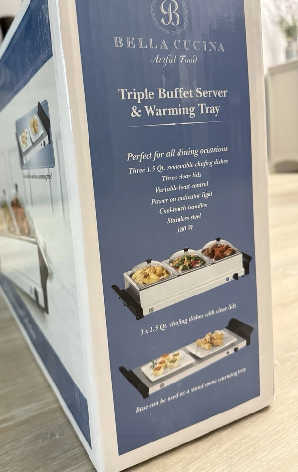 NEW Bella Cucina Triple Buffet Server w/ Warming Tray 3 Trays Transparent Lids - Image 3 of 4