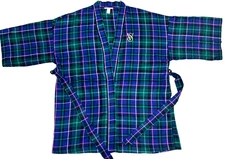 Victorias Secret Kimono Robe Size M/L Blue Green Plaid Belted Short Logo