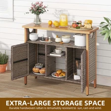Outdoor Sideboard Wood &Wicker Storage Cabinet w/Adjustable Shelves Floor Mount