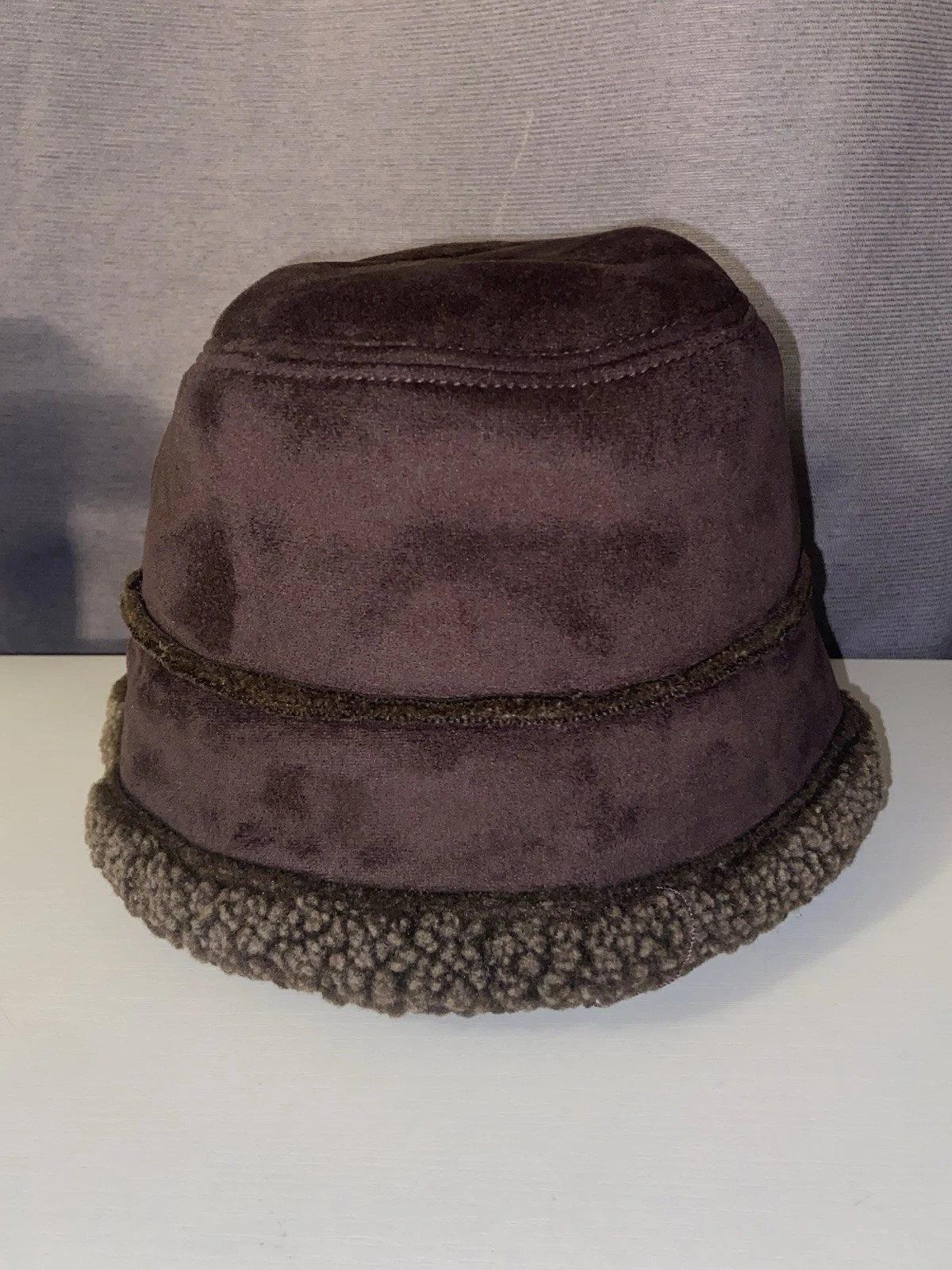 LL Bean Women's Brown Faux Suede Fleece Bucket Winter Hat Large/XL Sherpa Lined